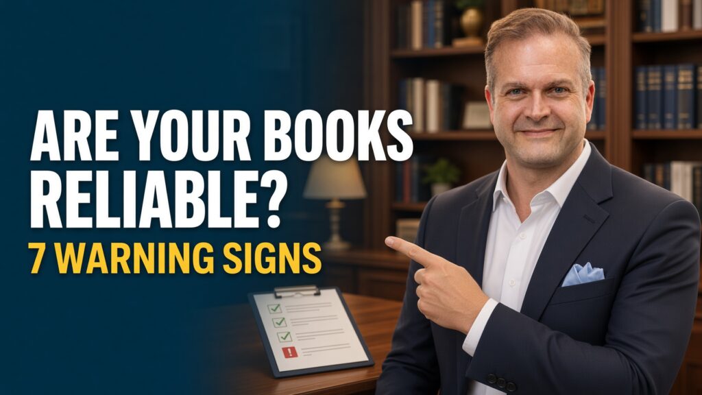 Aaron Novinger in a navy suit with a clean financial-report background and the headline “Are Your Books Reliable? 7 Warning Signs.”